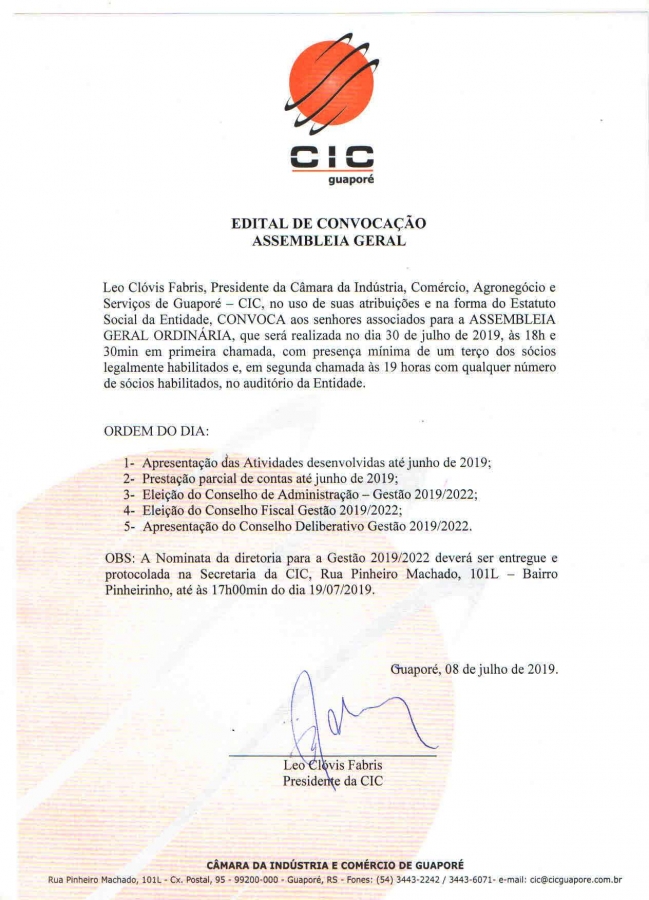 Edital Assembleia Geral Ordinária CIC Guaporé 